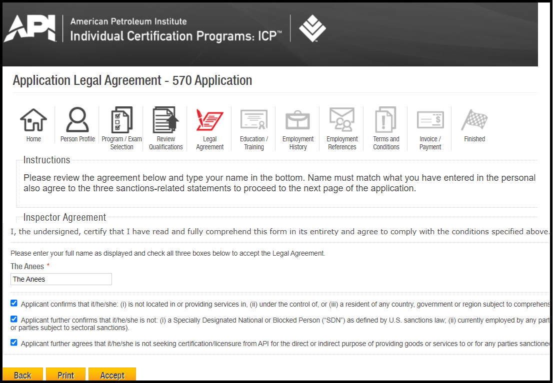 Application of API ICP Certification Legal Agreement